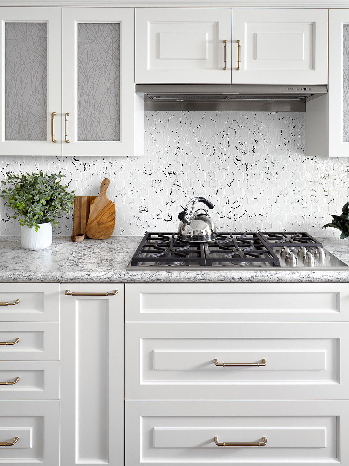 Gray Countertop White Cabinet White Hexagon Glass Backsplash Tile BA5509