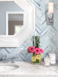 Marble Bathroom Vanity Blue Glass Large Herringbone Mosaic Backsplash Tile BA5507