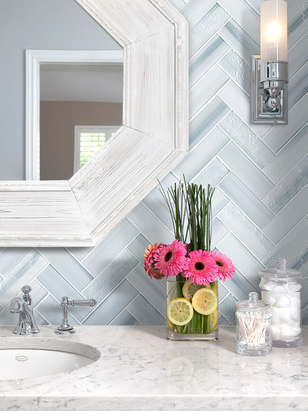 Marble Bathroom Vanity Blue Glass Large Herringbone Mosaic Backsplash Tile BA5507