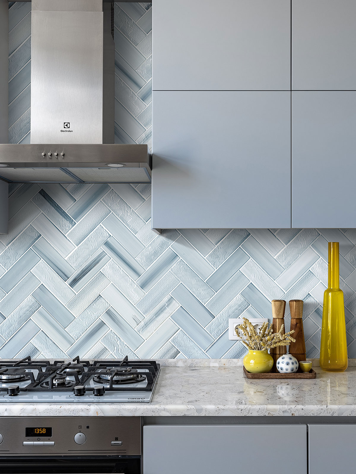 Modern Blue Cabinets Blue Glass Large Herringbone Mosaic Backsplash Tile BA5507