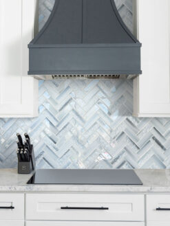 White Cabinet Blue Glass Herringbone Backsplash Tile BA5507