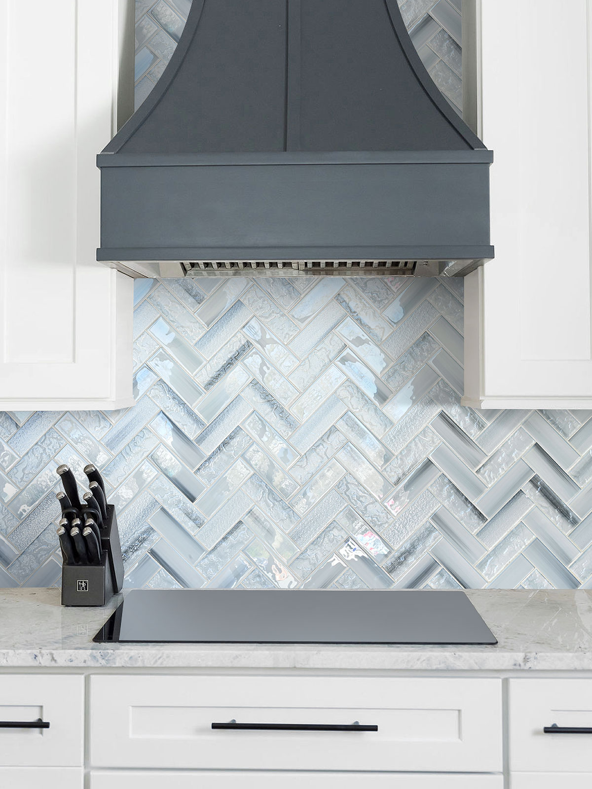 White Cabinet Blue Glass Herringbone Backsplash Tile BA5507