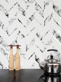 White Chevron Marble Look Glass Mosaic Backsplash Tile BA5506