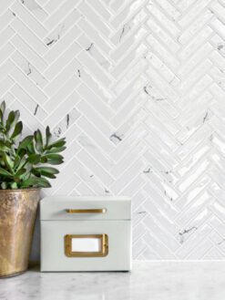 White Glass Herringbone Marble Look Mosaic Backsplash Tile BA5503