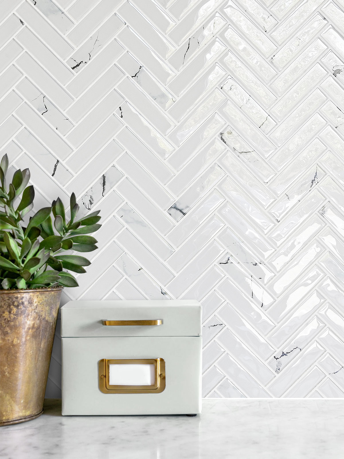 White Glass Herringbone Marble Look Mosaic Backsplash Tile BA5503