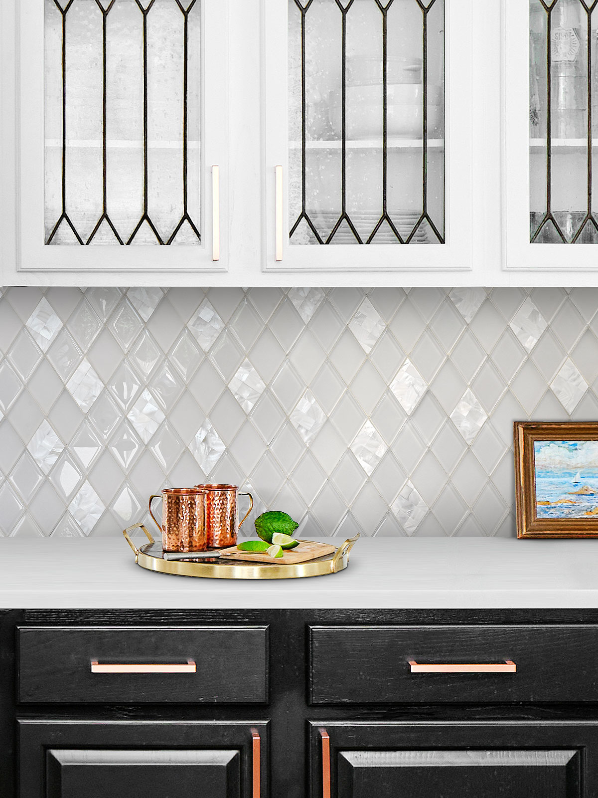 Brown Cabinet with White Glass Shell Diamond Tile BA6706