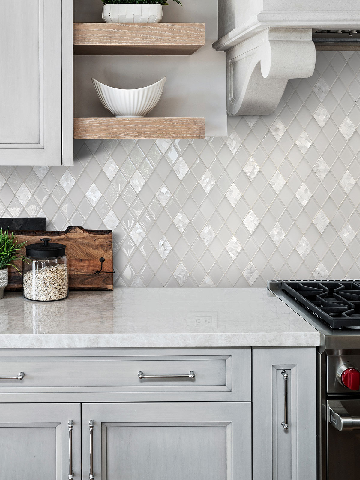 Gray Cabinet with White Glass Shell Diamond Tile BA6706