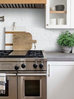Gray Countertop with White Shell Crackle Glass Backsplash Tile BA6705