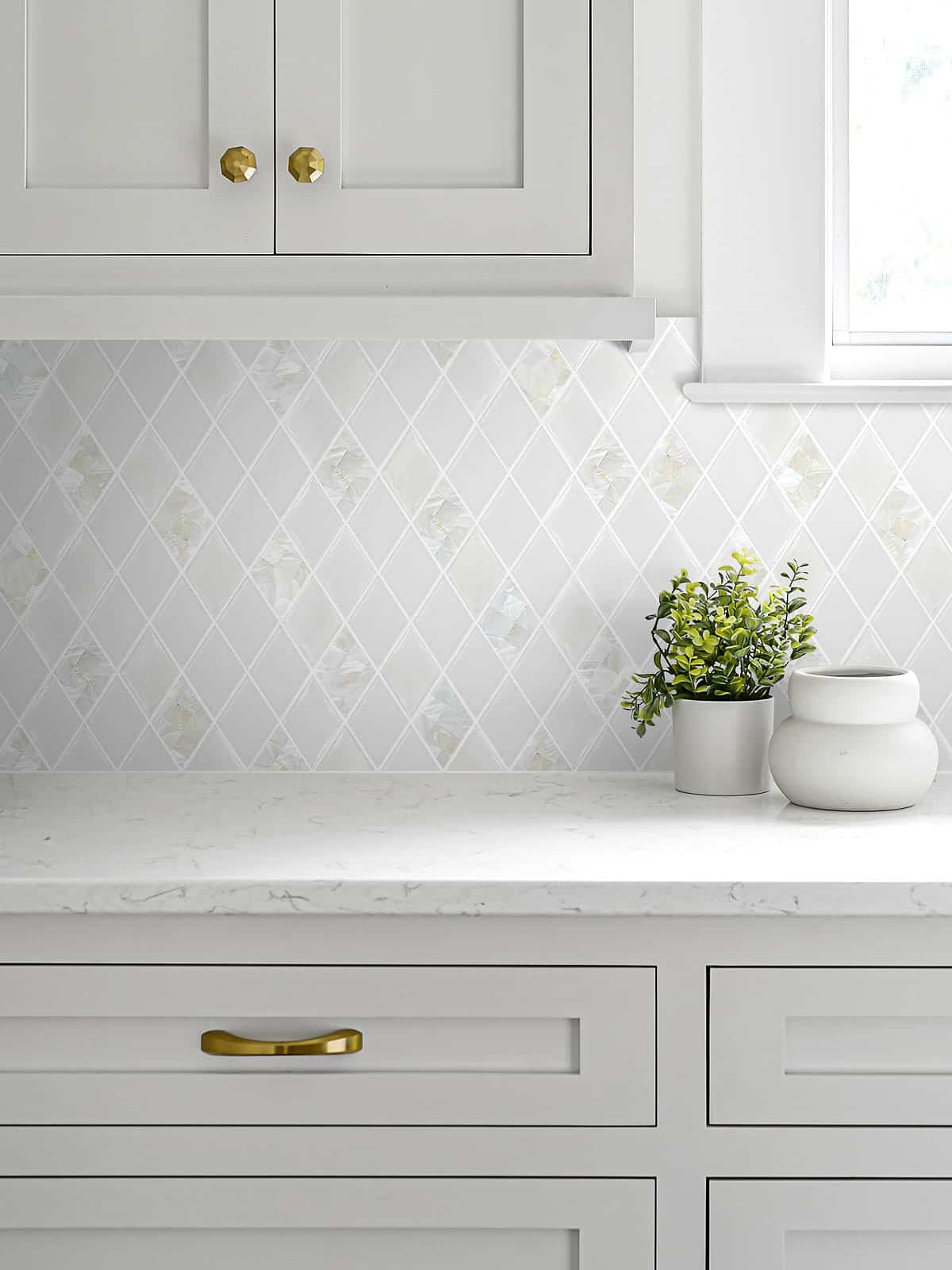 Gray Kitchen Cabinet White Countertop Glass Shell Backsplash Tile BA6706