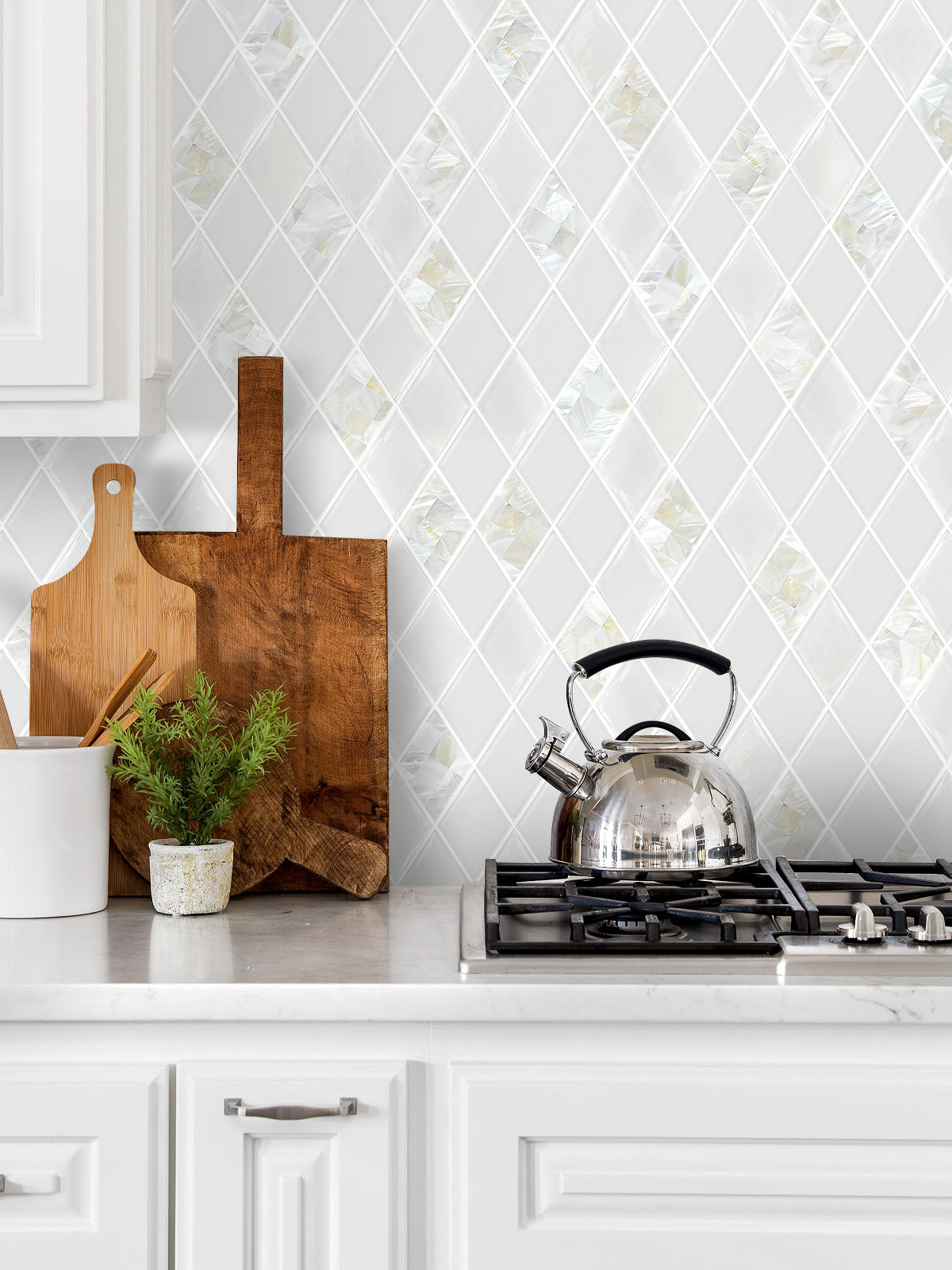 White Glass Shell Diamonddd Mosaic Backsplash Tile BA6706