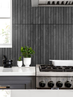 Dark Gray Cabinets With Black Modern Backsplash Tile BA1081