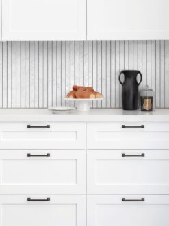 White Kitchen Cabinets Modern Long Marble Carrara Gray Backsplash Mosaic Tile BA1077
