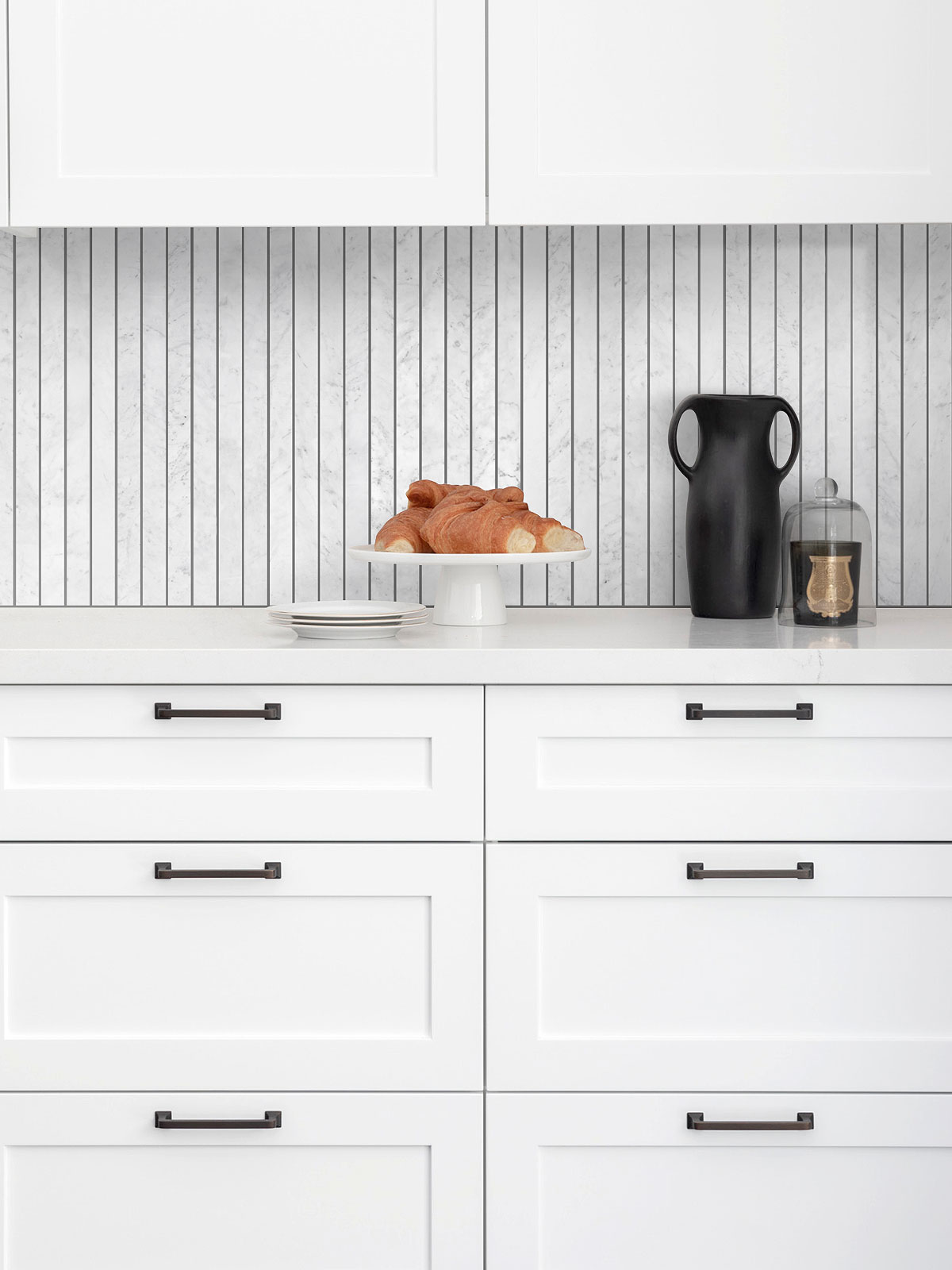 White Kitchen Cabinets Modern Long Marble Carrara Gray Backsplash Mosaic Tile BA1077