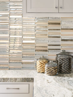 Beige Granite Countertop Rose Gold Beveled Edge Glass Backsplash Tile BA8009