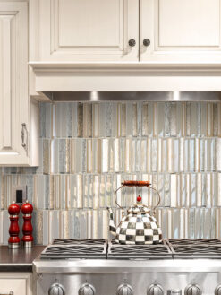 Beige Kitchen Cabinets Rose Gold Beveled Edge Glass Backsplash Tile BA8009