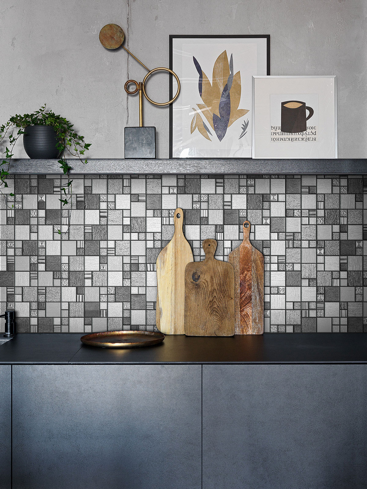 Black Modern Cabinet Gray Black Metallic Textured Glass Backsplash Tile BA8004