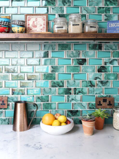Countertop with Green Unique Glass Subway Beveled Glass Backsplash Tile BA8013