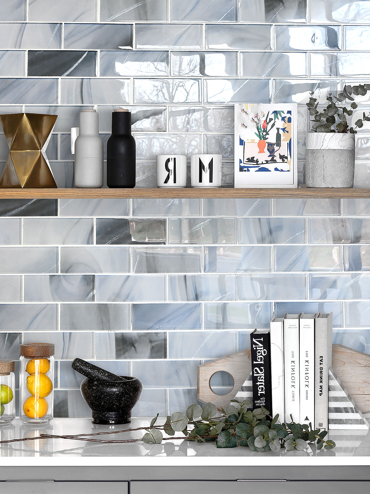 Gray Cabinets Blue Glass with Sparkle Design Subway Backsplash Tile BA8010