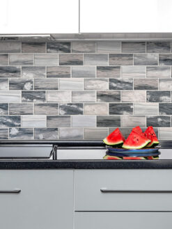 Gray Modern Cabinet Gray Beige Subway Glass Backsplash Tile BA8010