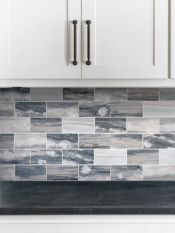 White Cabinet Black Countertop Gray Beige Subway Glass Backsplash Tile BA8010