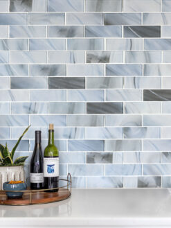 White Countertop Blue Glass with Sparkle Design Subway Backsplash Tile BA8010