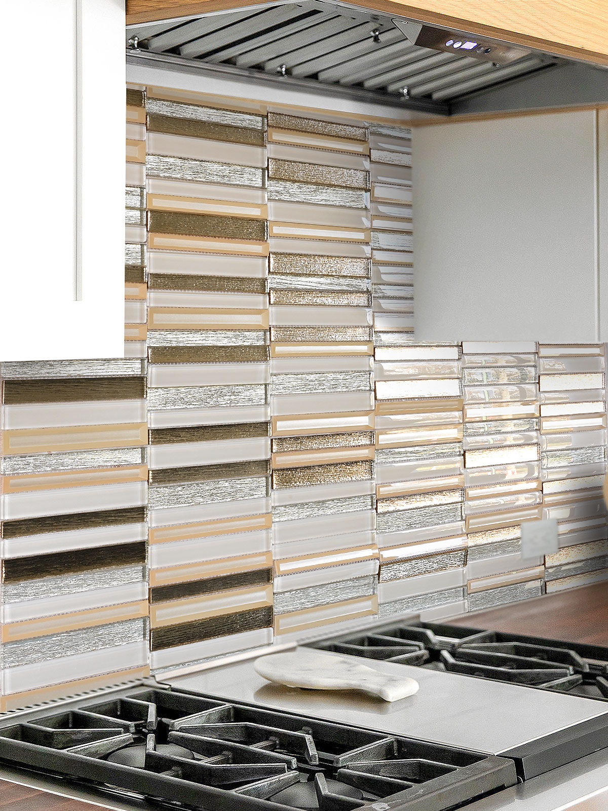 White Kitchen Cabinets Rose Gold Beveled Edge Glass Backsplash Tile BA8009