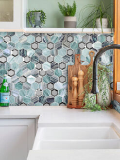 White Countertop Green Glass Metal Hexagon Backsplash Tile BA6203