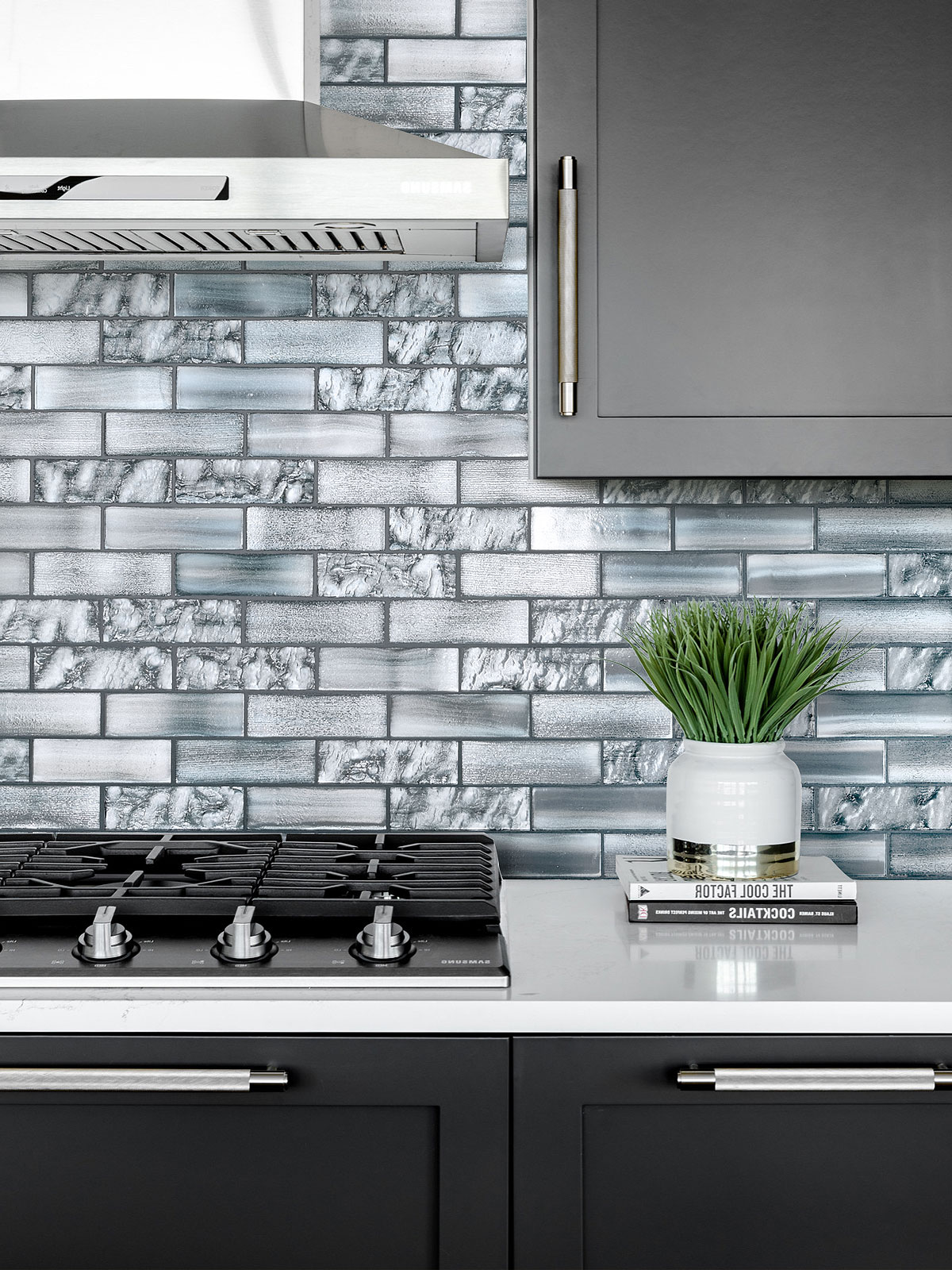 Black Kitchen Space Blue Subway Glass Backsplash Tile