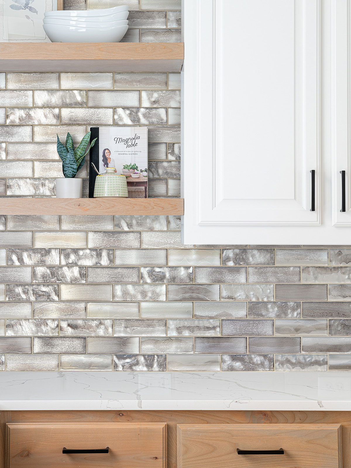 Brown Kitchen with Space Brown Subway Glass Backsplash Tile