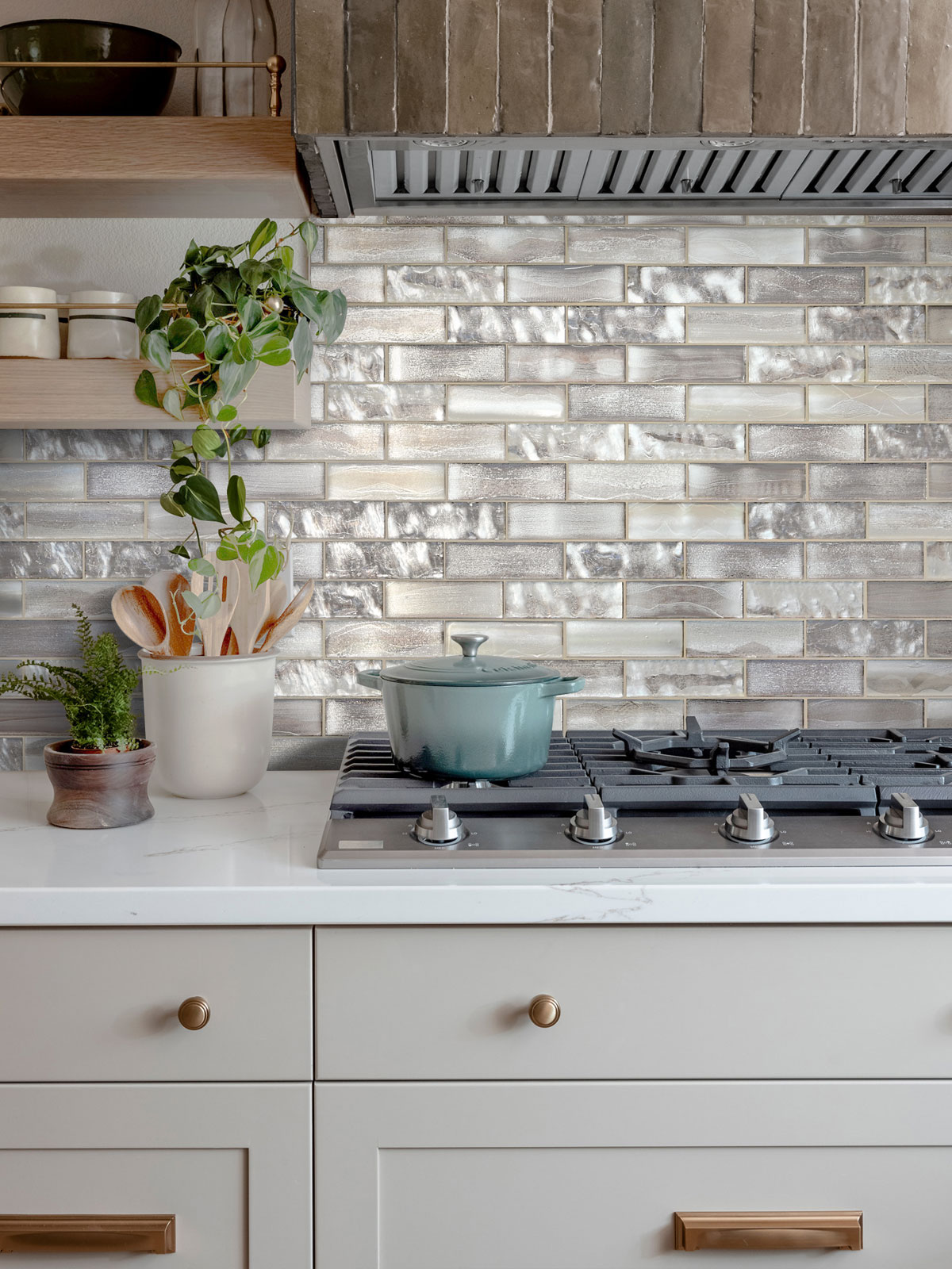 Gray Cabinet with Space Brown Subway Glass Backsplash Tile