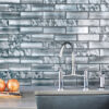 Gray Countertop with Space Blue Subway Glass Backsplash Tile