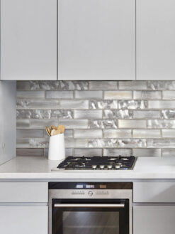 Gray Kitchen with Space Brown Subway Glass Backsplash Tile