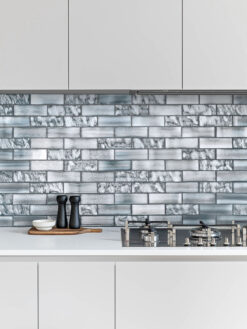Modern Kitchen with Space Blue Subway Glass Backsplash Tile