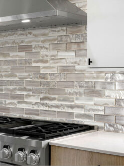 Two Tones Cabinet with Space Brown Subway Glass Backsplash Tile