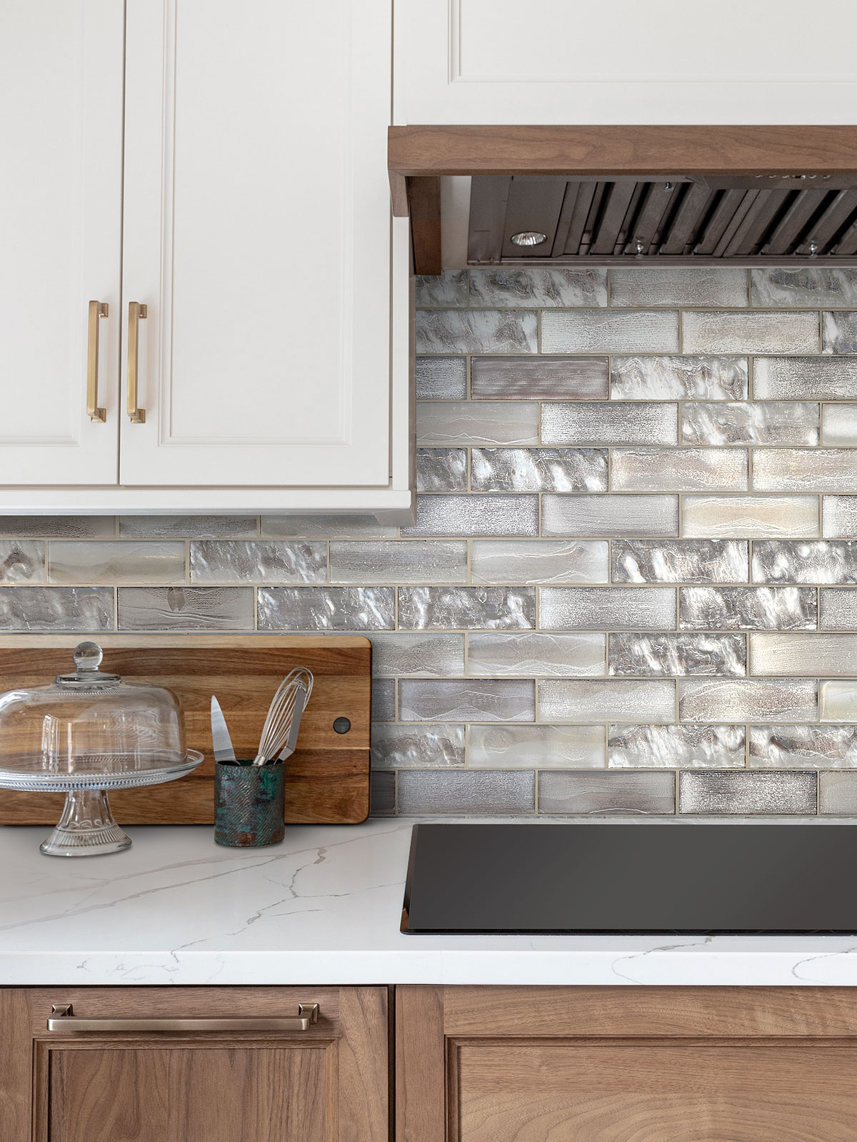 White Cabinet with Space Brown Subway Glass Backsplash Tile