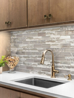 White Countertop with Space Brown Subway Glass Backsplash Tile