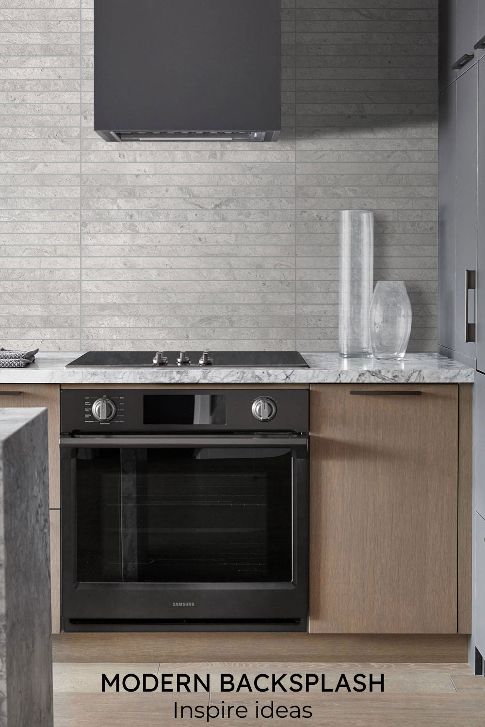 modern backsplash tile brown cabinets and floor