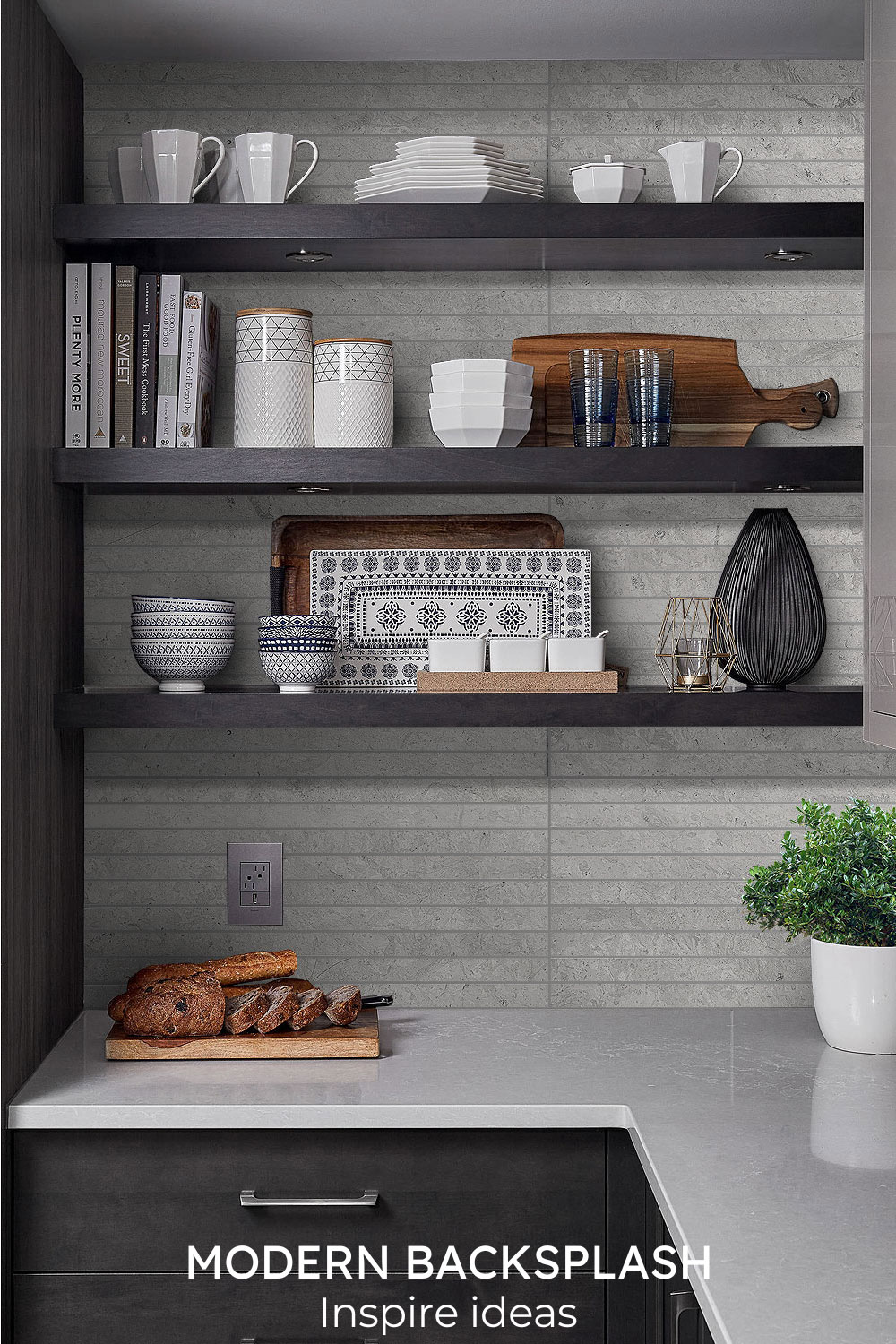 modern dark kitchen cabinet with quartz backsplash tile