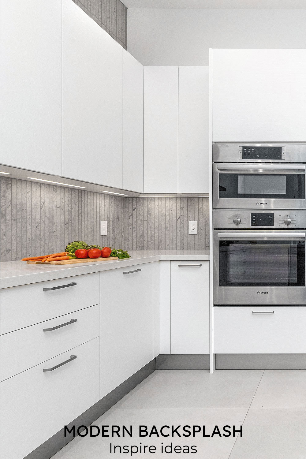 modern white cabinet with quartz backsplash tile
