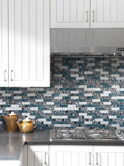 Black Countertop Blue White Subway Glass Backsplash Tile BA8011