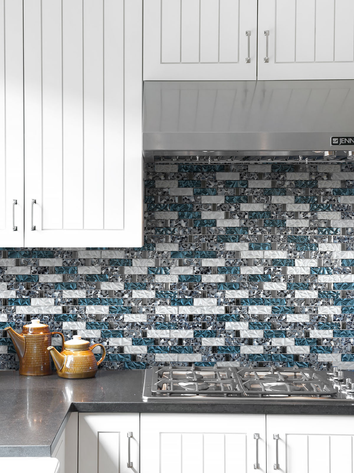 Black Countertop Blue White Subway Glass Backsplash Tile BA8011