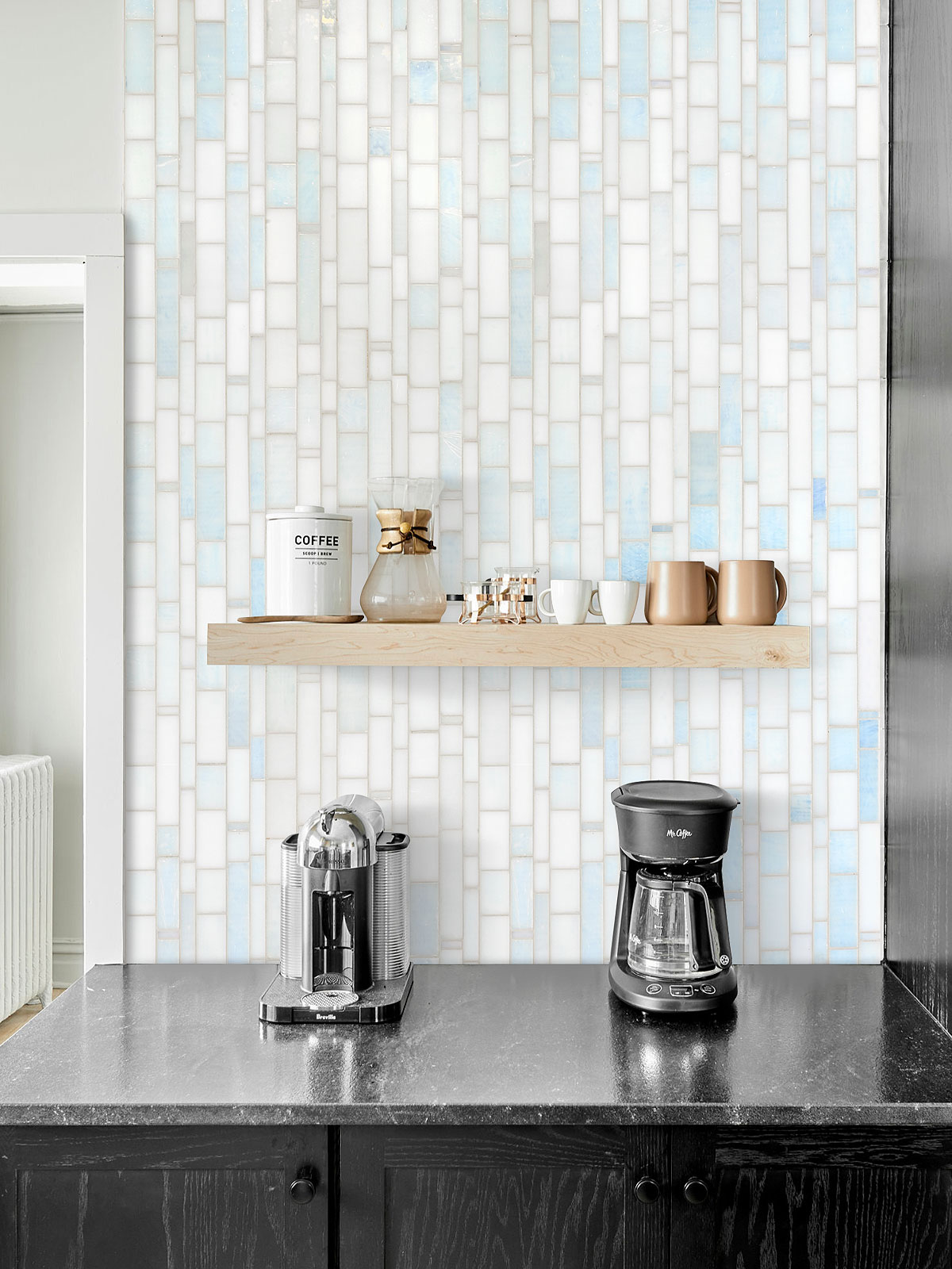 Black Countertop with Pearl Glass Subway Tile BA7016