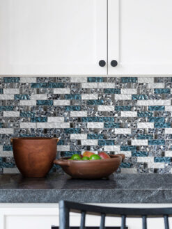 Black Granite Countertop Blue White Subway Glass Backsplash Tile BA8011