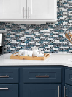 Blue Cabinet Blue White Subway Glass Backsplash Tile BA8011