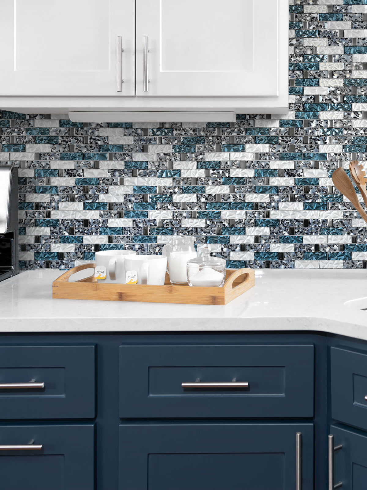 Blue Cabinet Blue White Subway Glass Backsplash Tile BA8011