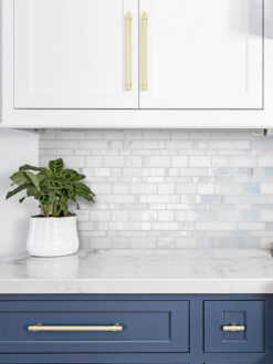 Blue White Cabinet with Pearl Glass Subway Tile BA7016