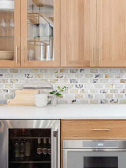 Brown Cabinet with Multi Color Marble Backsplash Tile BA6330