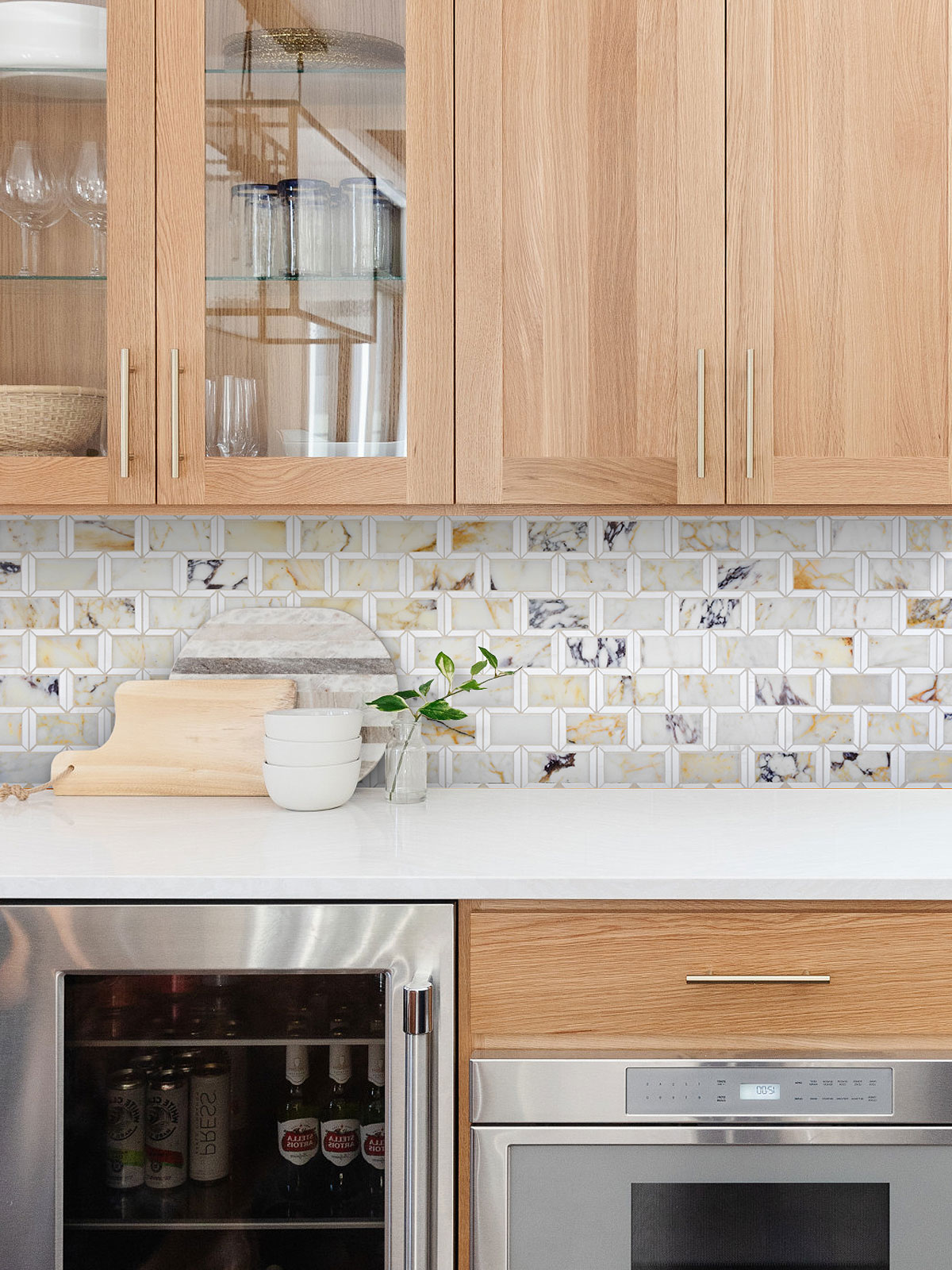 Brown Cabinet with Multi Color Marble Backsplash Tile BA6330