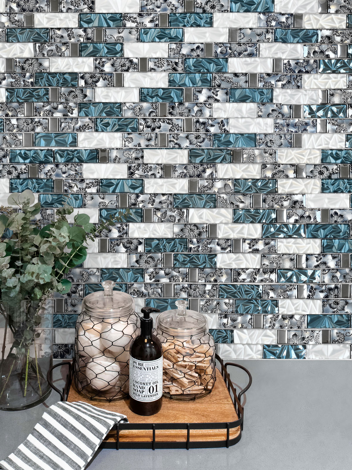 Gray Quartz Blue White Subway Glass Backsplash Tile BA8011
