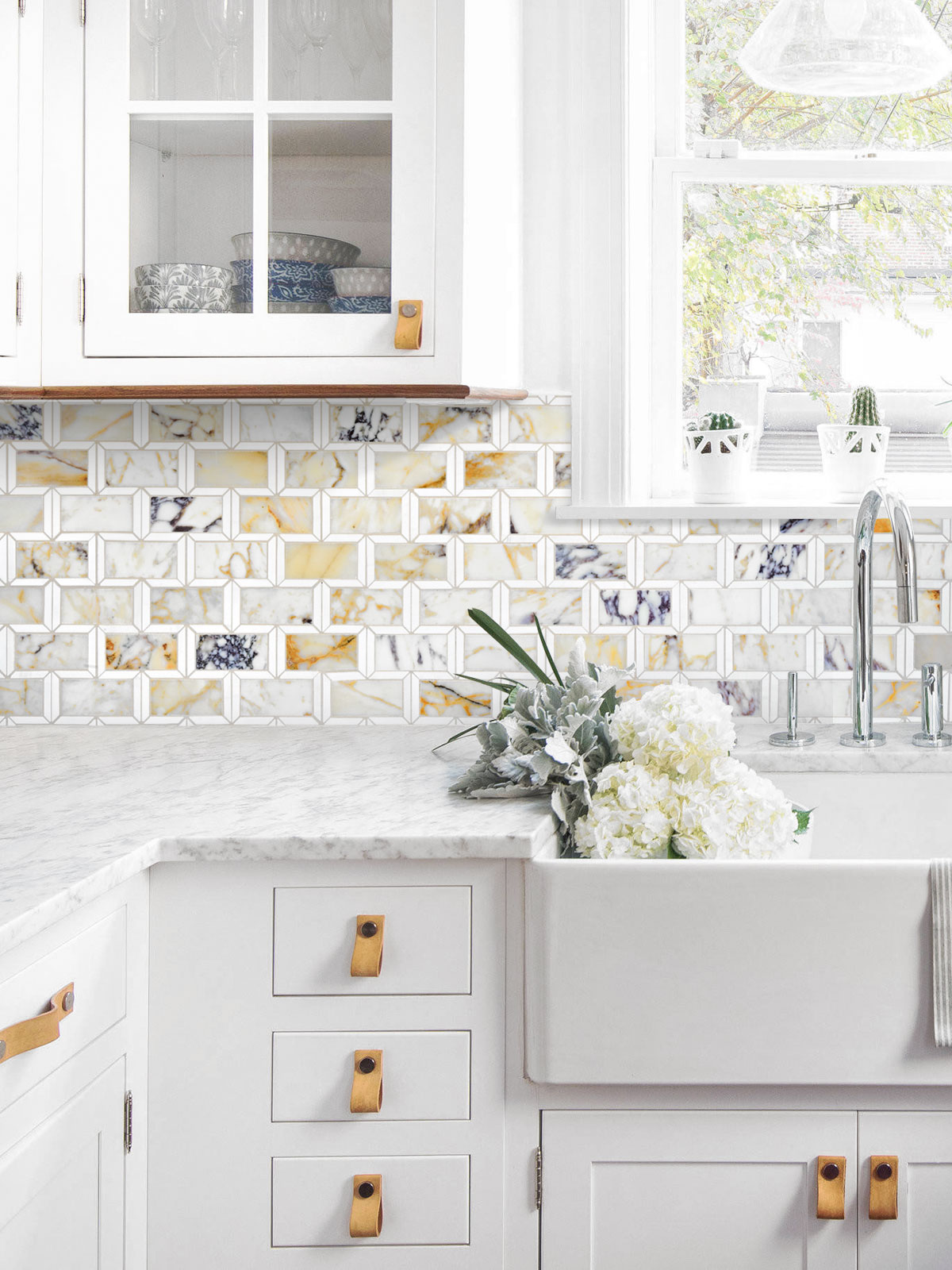 White Kitchen with Multi Color Marble Backsplash Tile BA6330